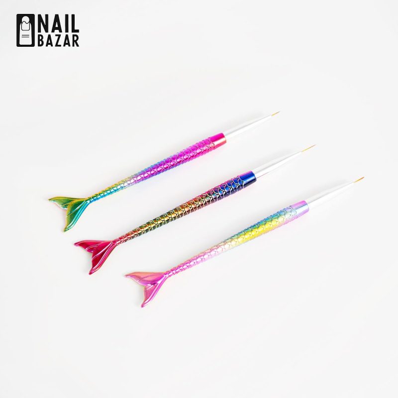 قلم طراحی کروم دم ماهی ۳ تیکه - 3-Piece Chrome Mermaid Tail Nail Art Liner Brush Set