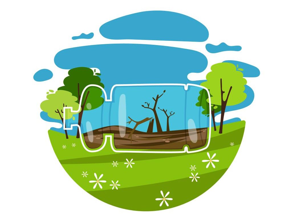 تأثیرات زیست‌محیطی برچسب‌های لاک ناخن، با عناصری مانند آلودگی و زباله.